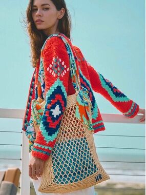 NWT Hunter Bell Raffia Bag Amalfi Tiles